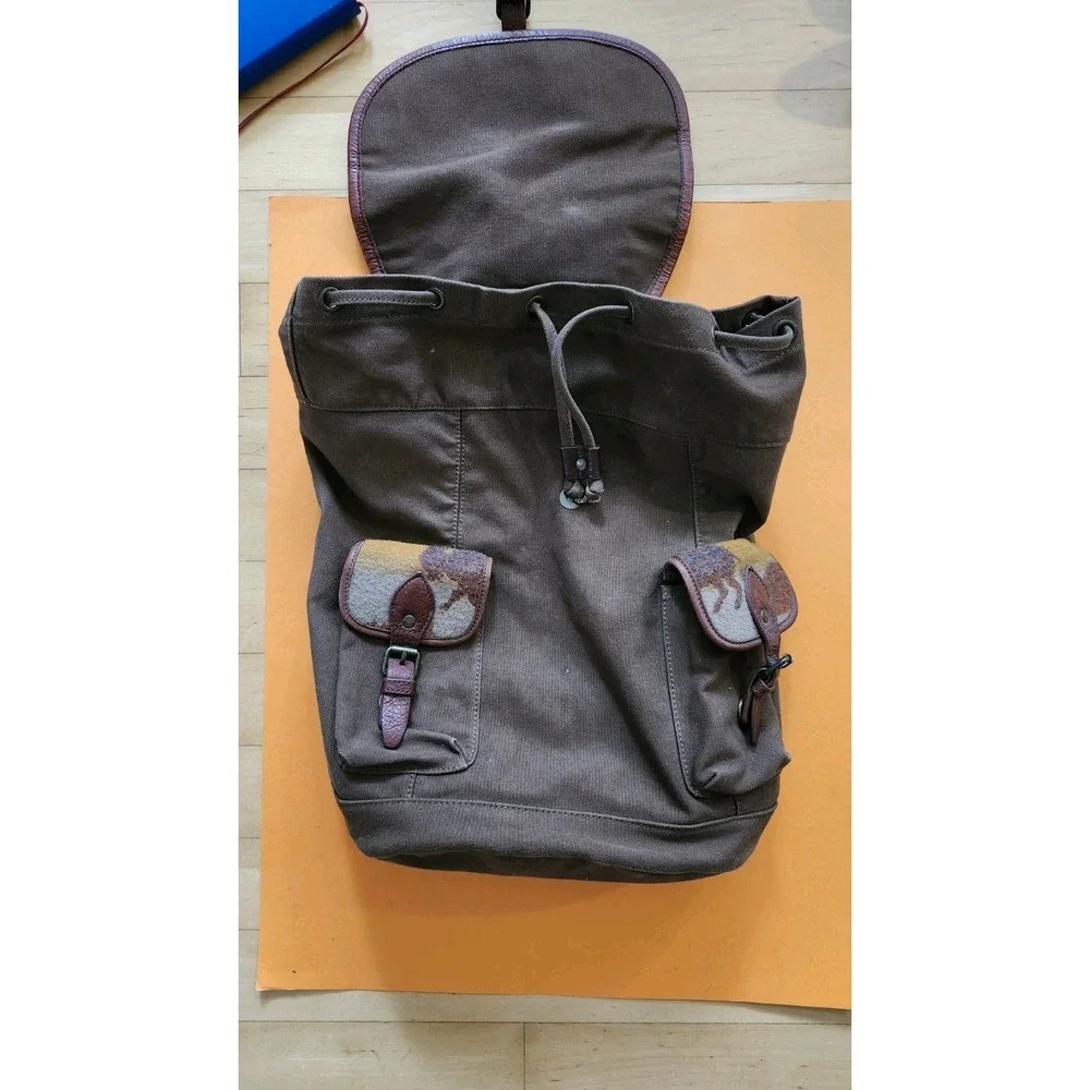 Pendleton Backpack Brown Canvas Wool Jacquard Bison Pattern Leather Trim Western